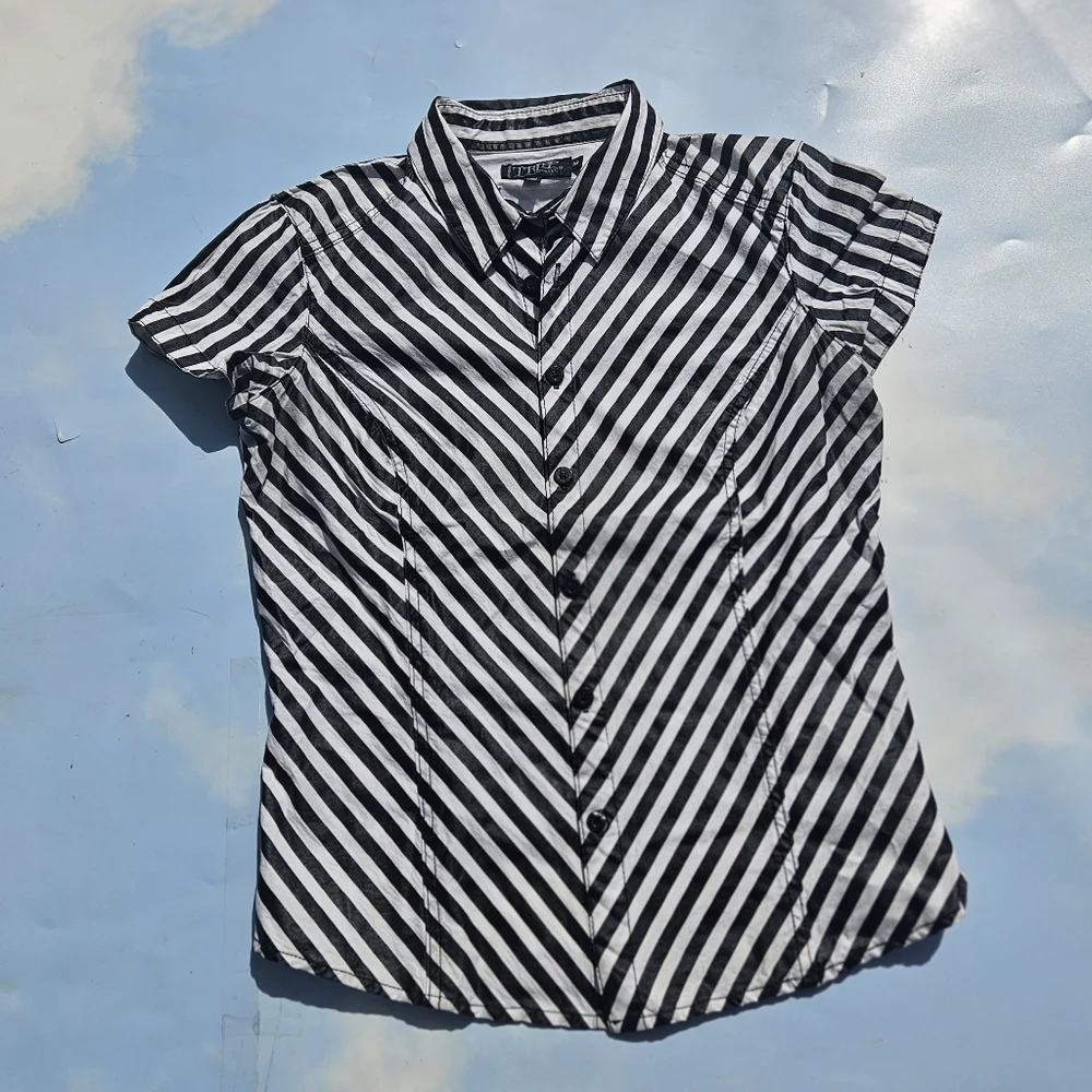 Tripp NYC Black & White Top Y2k Early 2000s Short Sleeve Button Down Goth Tripp - Picture 8 of 12